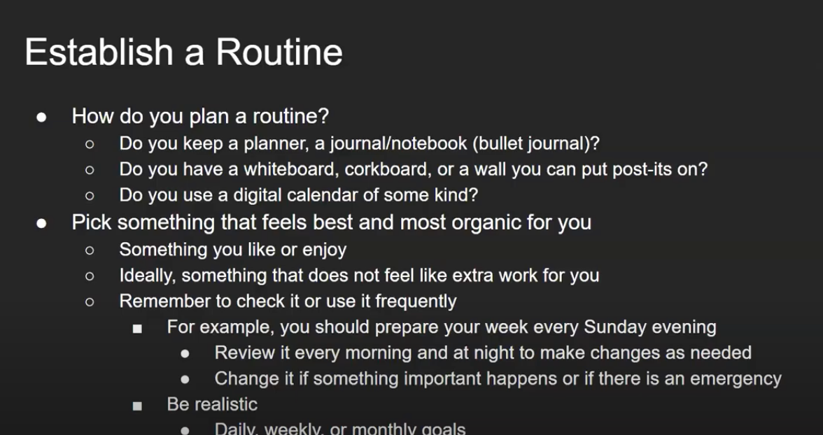 A screen capture from the video with the words "Establish a Routine"